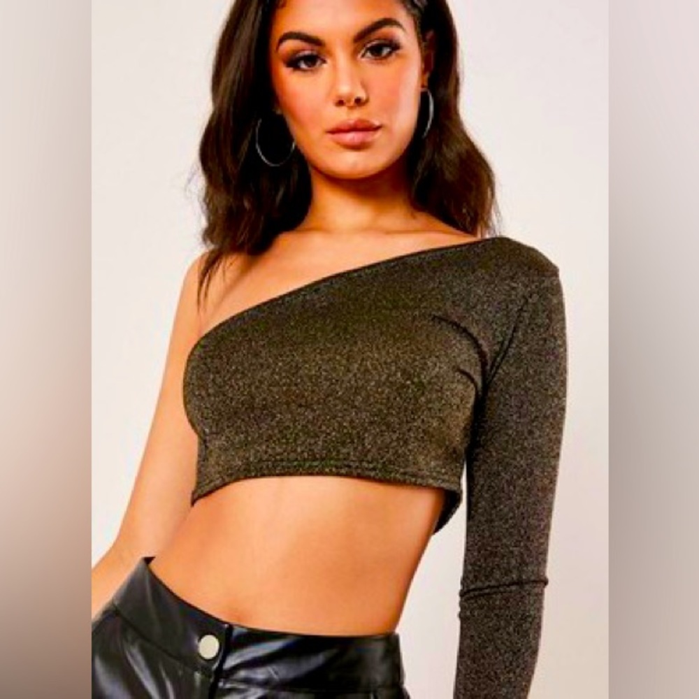 Black & Gold Glitter One Shoulder Crop Top